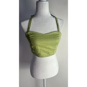 The Editors Markets Womens Linen Green Smocked Zip Halter Crop Top Sz 8